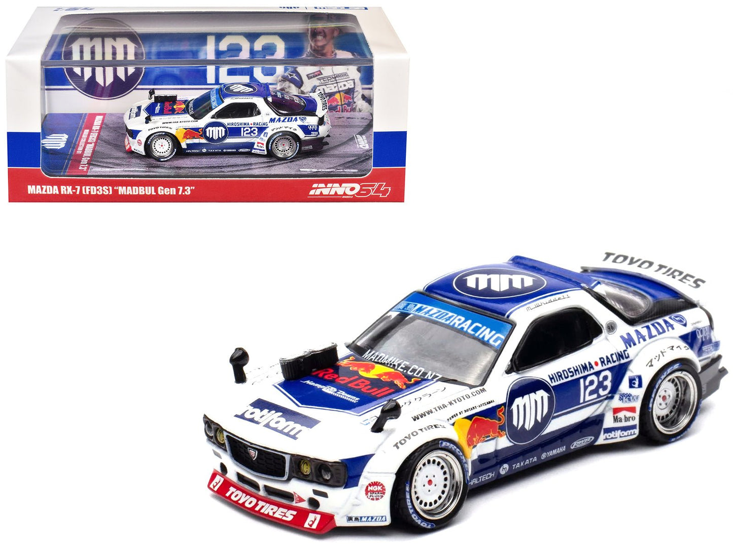 Mazda RX-7 (FD3S) RHD (Right Hand Drive) #123 "Pandem Rocket Bunny MADBUL Gen 7.3" White and Blue with Graphics "MadLab Collection 01" 1/64 Diecast Model Car by Inno Models  free shipping USA