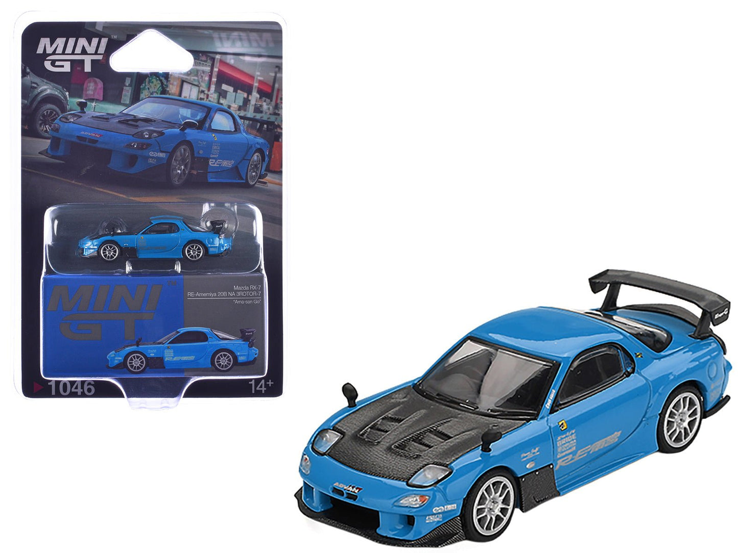 Mazda RX-7 RE-Amemiya 20B NA 3ROTOR-7 RHD (Right Hand Drive) "Ama-san Go" Blue with Carbon Hood Limited Edition 1/64 Diecast Model Car by Mini GT  free shipping USA
