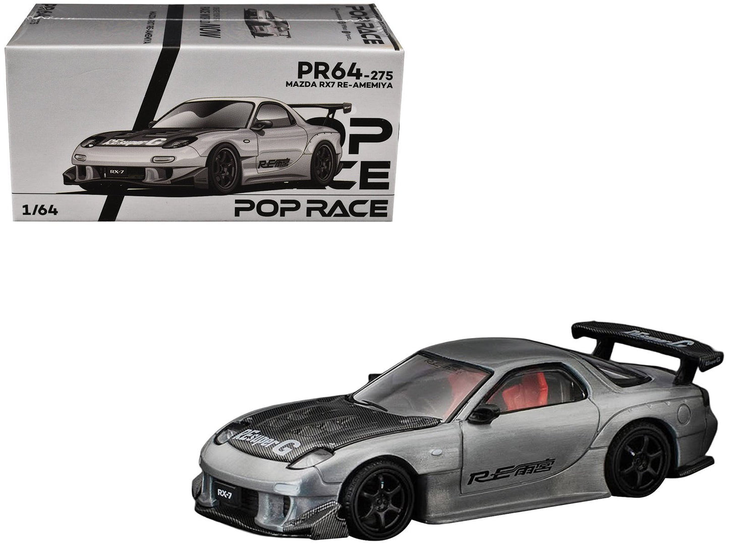 Mazda RX-7 RE-Amemiya RHD (Right Hand Drive) Silver Metallic with Carbon Hood "Japan Minicar a Gogo Exclusive" 1/64 Diecast Model Car by Pop Race  free shipping USA