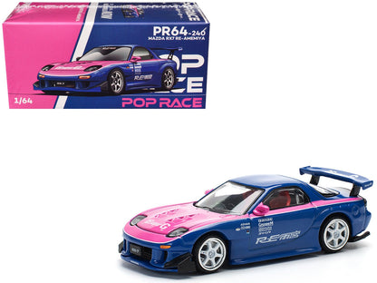 Mazda RX-7 RE-Amemiya Widebody RHD (Right Hand Drive) Blue with Pink Hood and Stripes 1/64 Diecast Model Car by Pop Race  free shipping USA