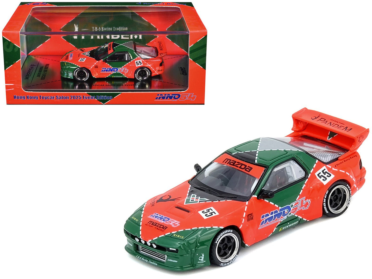 Mazda RX7 (FC3S) "Pandem Aero" RHD (Right Hand Drive) #55 Red and Green "Hong Kong Toycar Salon 2025 Event Edition" 1/64 Diecast Model Car by Inno Models  free shipping USA