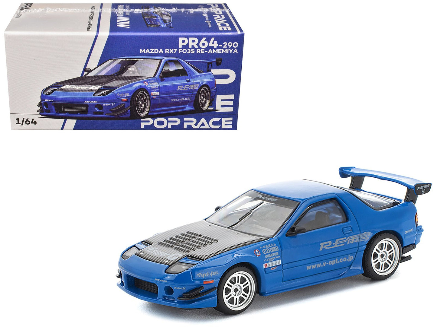 Mazda RX7 (FC3S) RE Amemiya RHD (Right Hand Drive) Blue Metallic with Carbon Hood 1/64 Diecast Model Car by Pop Race  free shipping USA