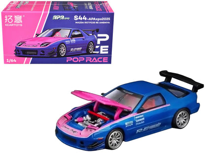 Mazda RX7 (FC3S) RE Amemiya RHD (Right Hand Drive) Blue Metallic with Pink Hood "APA XPO 2025 Exclusive" 1/64 Diecast Model Car by Pop Race  free shipping USA