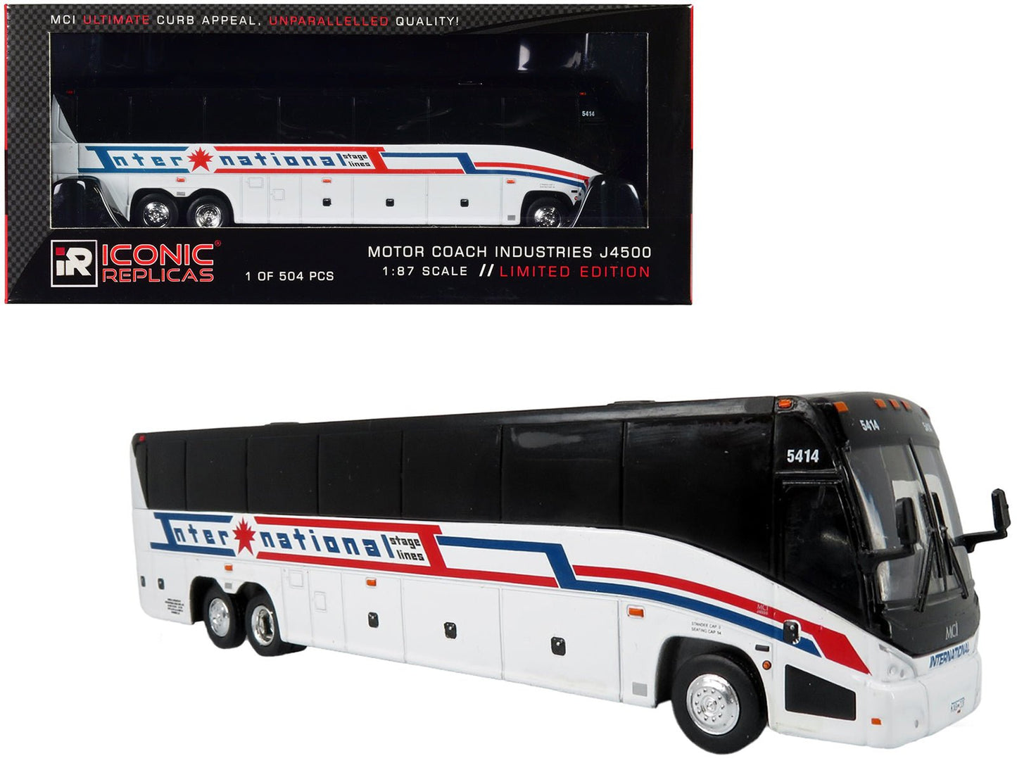 MCI J4500 Coach Bus "International Stage Lines" White "The Bus & Motorcoach Collection" Limited Edition to 504 pieces Worldwide 1/87 (HO) Diecast Model by Iconic Replicas  free shipping USA