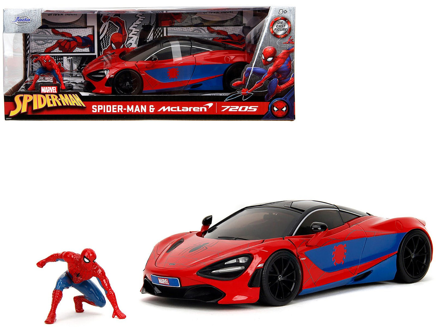 McLaren 720S Red and Blue with Black Top and Graphics and Spider-Man Diecast Figure "Marvel Spider-Man" "Hollywood Rides" Series 1/24 Diecast Model Car by Jada  free shipping USA