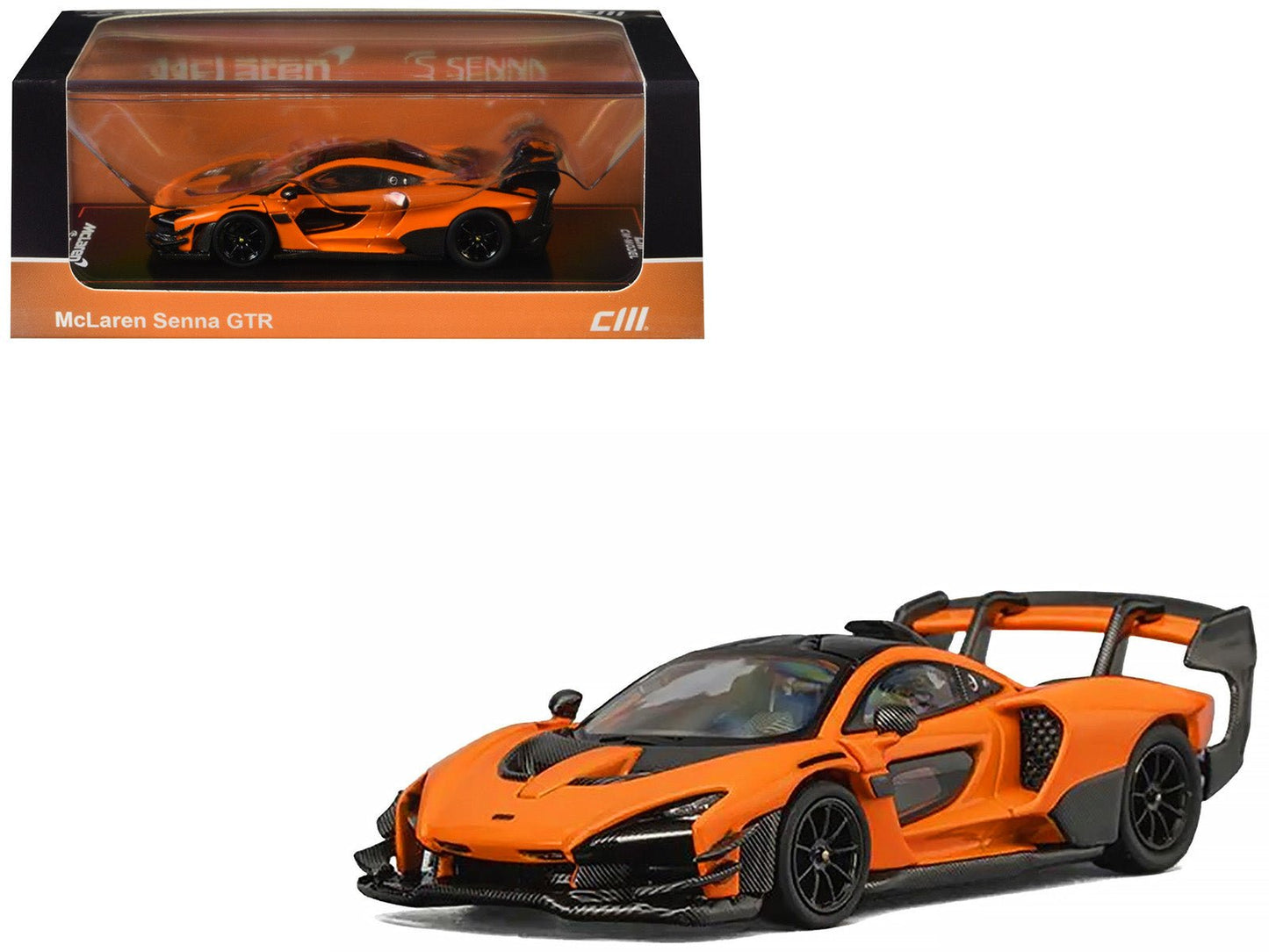 McLaren Senna GTR Orange Metallic with Carbon Hood and Black Top 1/64 Diecast Model Car by CM Model  free shipping USA