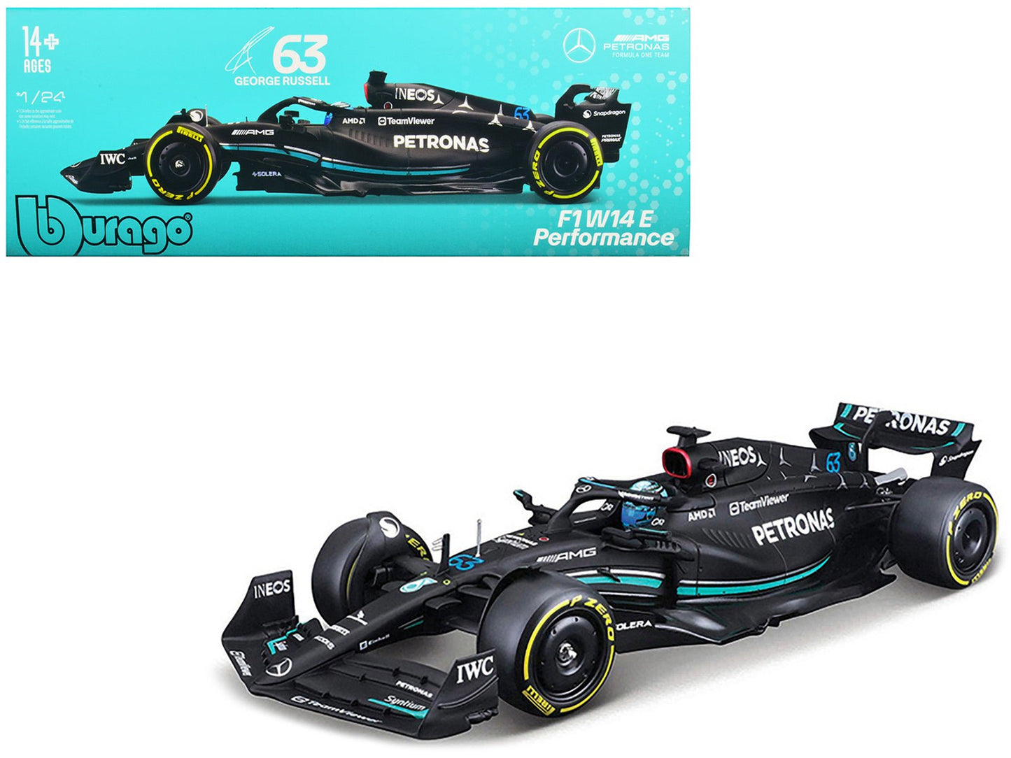 Mercedes-AMG F1 W14 E Performance #63 George Russell "Petronas" Formula One F1 "World Championship" (2023) 1/24 Diecast Model Car by Bburago  free shipping USA