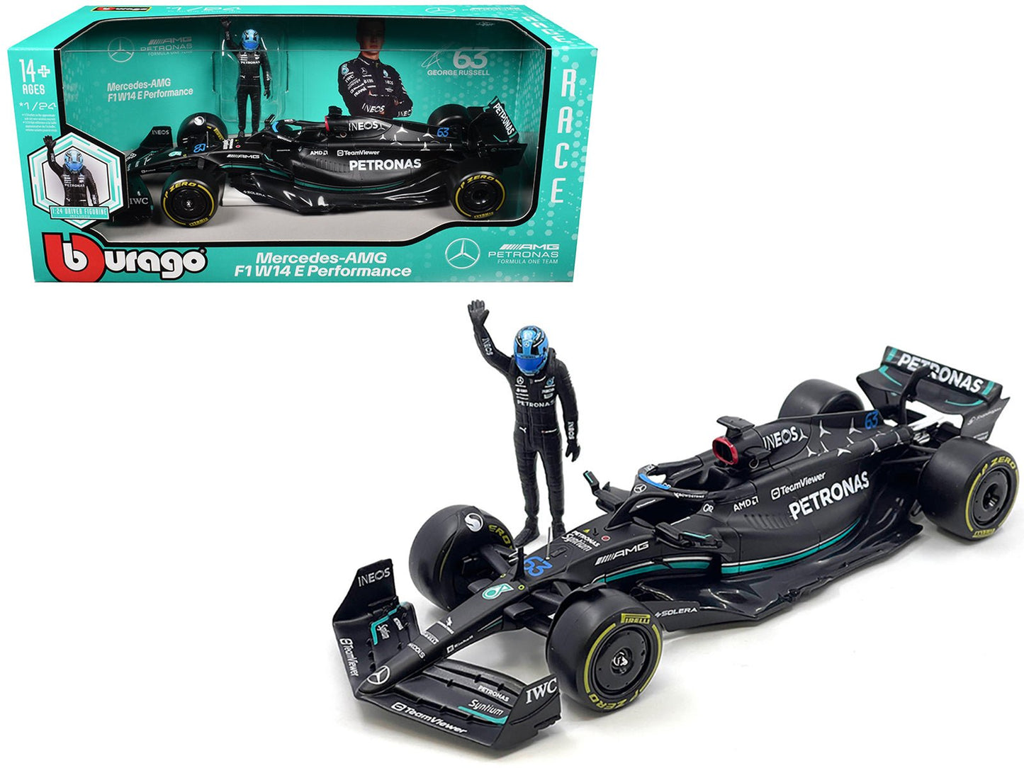 Mercedes-AMG W14 E Performance #63 George Russell "Petronas" Formula One F1 World Championship (2023) with Driver Figure 1/24 Diecast Model Car by Bburago  free shipping USA