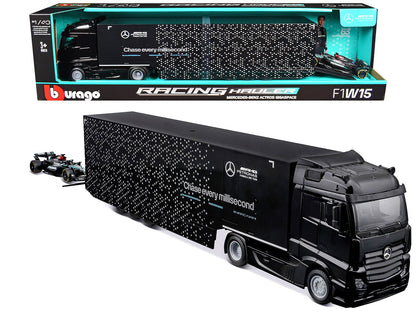 Mercedes-Benz Actros Gigaspace Car Transporter Black and Mercedes-AMG F1 W15 E Performance #63 George Russell "Petronas" Formula One F1 World Championship (2024) "Racing Hauler" Series 1/43 Diecast Model Car by Bburago  free shipping USA