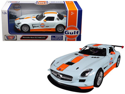 Mercedes Benz SLS AMG GT3 with "Gulf" Livery Light Blue with Orange Stripe 1/24 Diecast Model Car by Motormax  free shipping USA