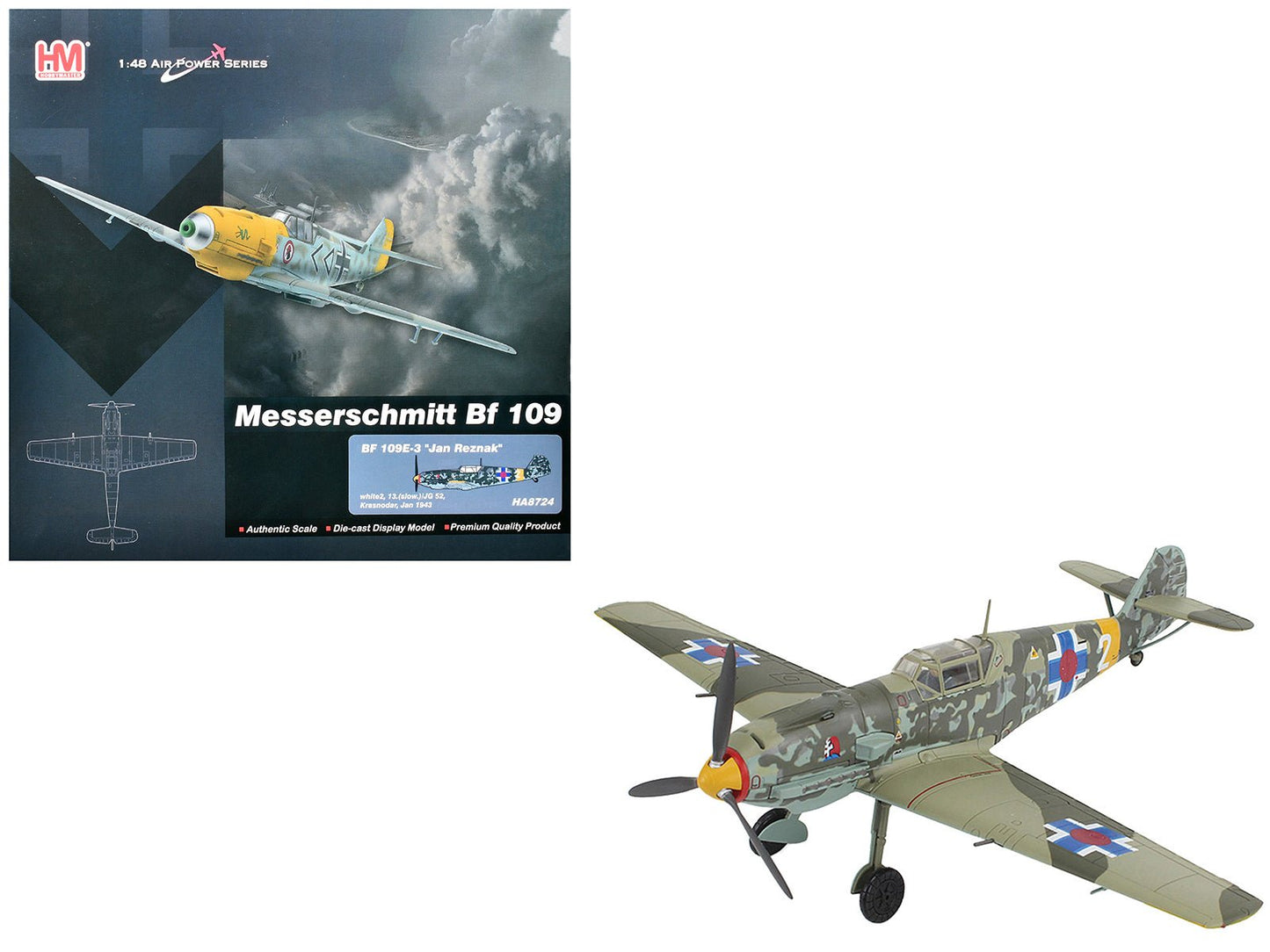 Messerschmitt Bf 109E-3 Fighter Aircraft "White 2 Jan Reznak 13.(slow)/JG 52 Kraznodar USSR" (1943) German Luftwaffe "Air Power Series" 1/48 Diecast Model by Hobby Master  free shipping USA
