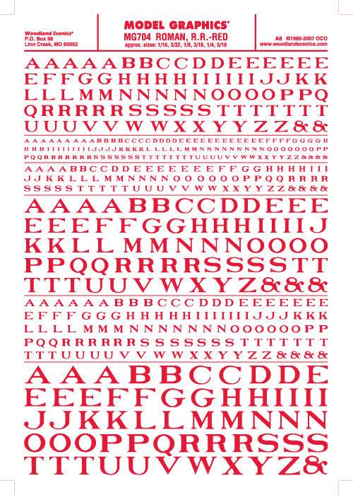 Woodland Scenics MG704 Roman R.R. Letters Red 1/16-5/16" Train Decal Sheet