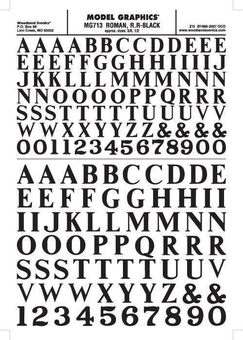 Woodland Scenics MG713 Roman R.R. Letters Black 3/6-1/2" Train Decal Sheet