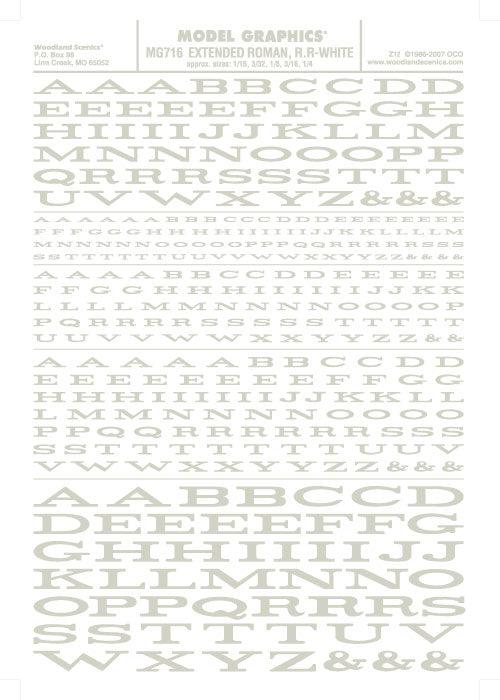 Woodland Scenics MG716 Extended Roman Letters White 1/16-1/4" Train Decal Sheet