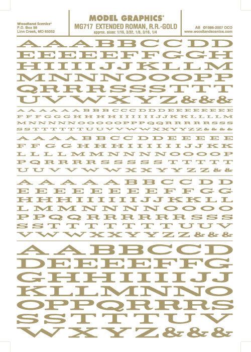 Woodland Scenics MG717 Extended Roman Letters Gold 1/16-1/4" Train Decal Sheet