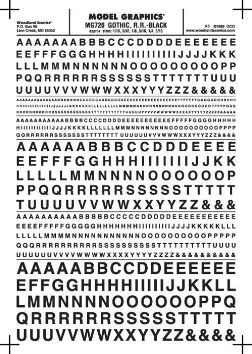 Woodland Scenics MG720 Gothic R.R. Letters Black 1/16-5/16" Train Decal Sheet