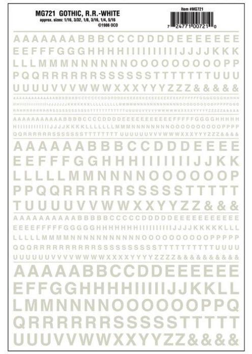 Woodland Scenics MG721 Gothic R.R. Letters White 1/16-5/16" Train Decal Sheet