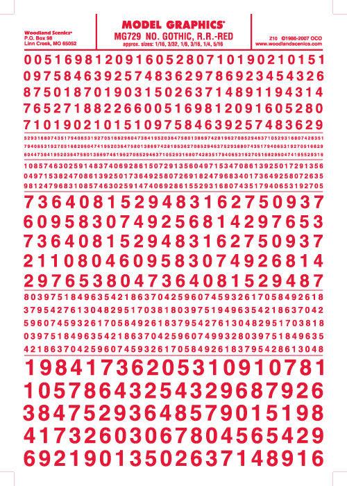 Woodland Scenics MG729 Gothic R.R. Numbers Red 1/16-5/16" Train Decal Sheet