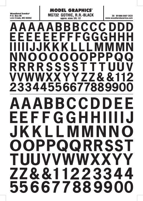 Woodland Scenics MG732 Gothic R.R. Letters Black 3/8-1/2" Train Decal Sheet