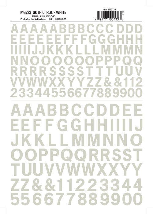 Woodland Scenics MG733 Gothic R.R. Letters White 3/8-1/2" Train Decal Sheet