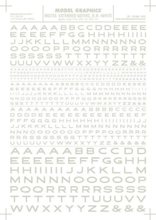 Woodland Scenics MG735 Ext Gothic RR Letters White 1/16-1/4" Train Decal Sheet