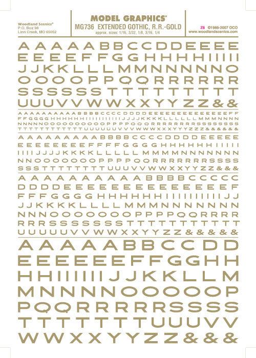 Woodland Scenics MG736 Ext Gothic RR Letters Gold 1/16-1/4" Train Decal Sheet