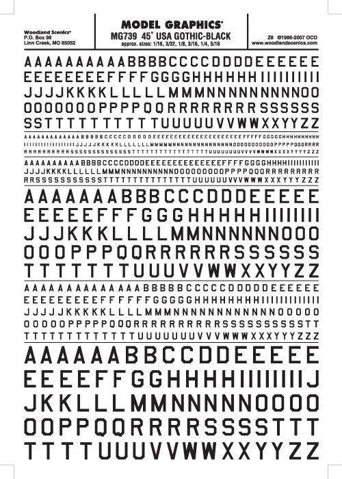 Woodland Scenics MG739 45 Deg USA Gothic Letter Blk 1/16-5/16 Train Decal Sheet