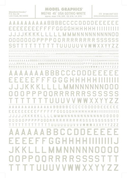 Woodland Scenics MG740 45 Deg USA Gothic Letter Wht 1/16-5/16Train Decal Sheet