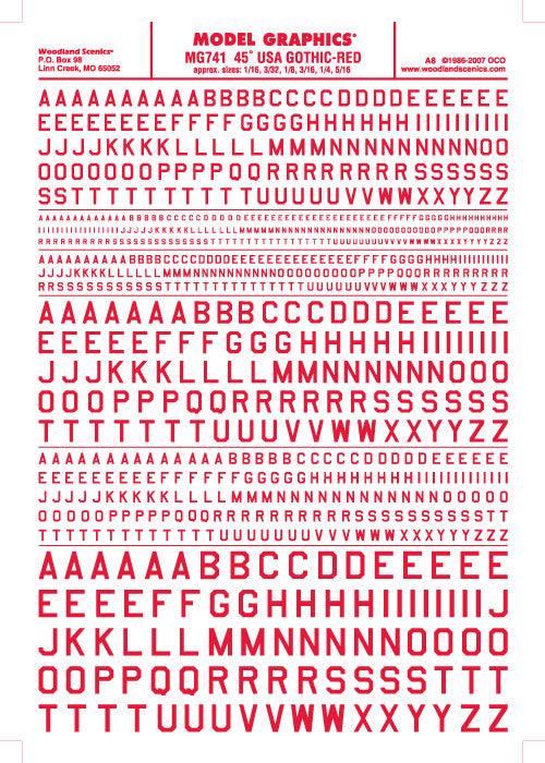 Woodland Scenics MG741 45 Deg USA Gothic Letter Red 1/16-5/16 Train Decal Sheet