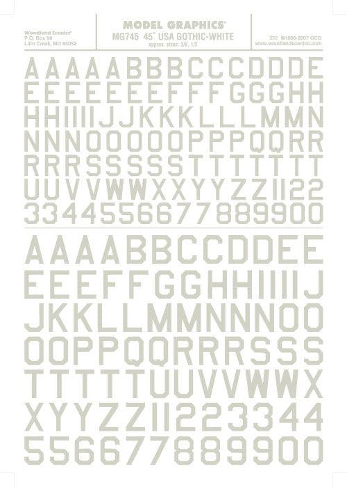 Woodland Scenics MG745 45 Deg USA Gothic Let/Num Wht 1/16-5/16 Train Decal Sheet
