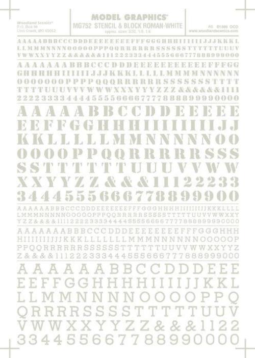Woodland Scenics MG752 Stencil/Roman Ltr/Num Wht 3/32,1/8,1/4 Train Decal Sheet