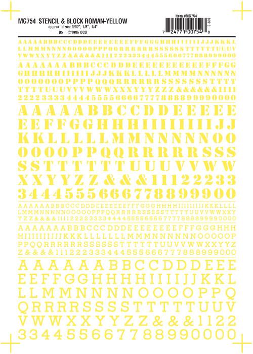Woodland Scenics MG754 Stencil/Roman Ltr/Num Yel 3/32,1/8,1/4 Train Decal Sheet