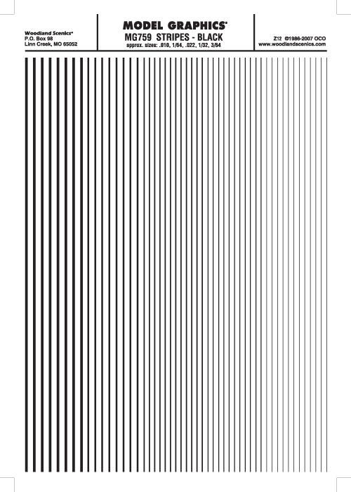 Woodland Scenics MG759 Stripes Black .010 - 3/64" Train Decal Sheet