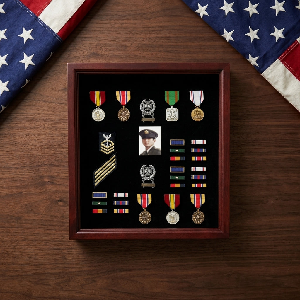 Officer Flag Medal Display Box- Shadow Box, Flag Box Hand Made By Veterans