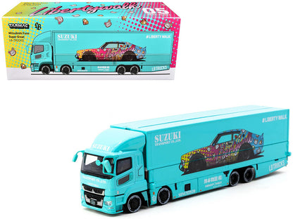 Mitsubishi Fuso Truck with Transporter "Liberty Walk - Suzuki Transport" Light Blue with Graphics "Truck64" Series 1/64 Diecast Model Car by Tarmac Works  free shipping USA