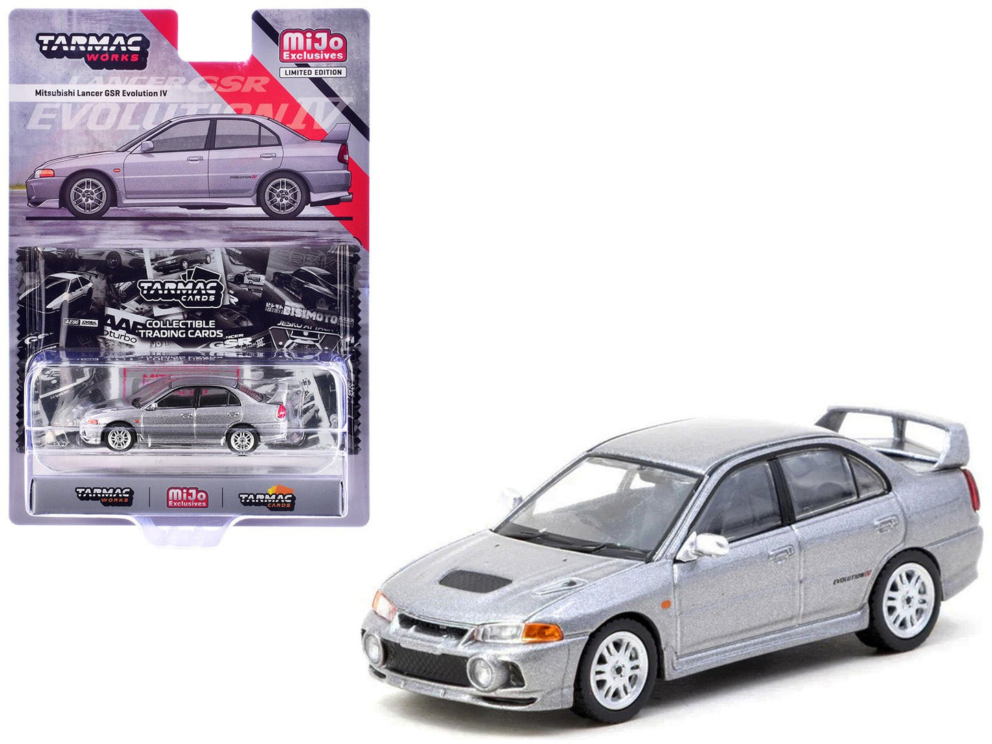 Mitsubishi Lancer Evolution IV Silver Metallic with Tarmac Cards "Global64" Series 1/64 Diecast Model by Tarmac Works  free shipping USA