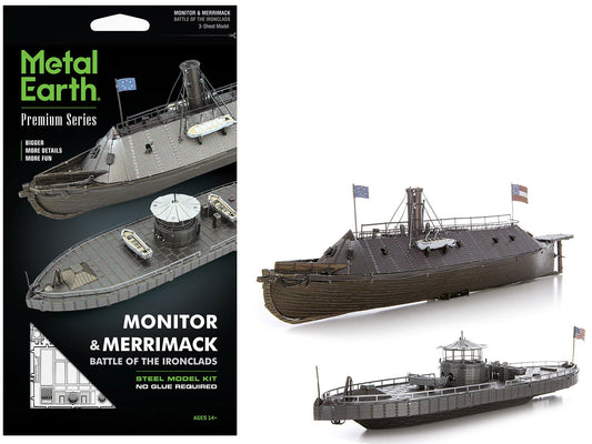 Model Kit USS Monitor and USS Merrimack Ironclad Warships "Battle of the Ironclads" (Challenging Difficulty) Steel Model by Metal Earth  free shipping USA