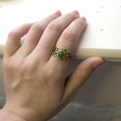 Vintage Jewelry Genuine Jade Ring Antiqued 18kt Yellow Gold Electroplated Made in the USA by PVD Vintage Jewelry