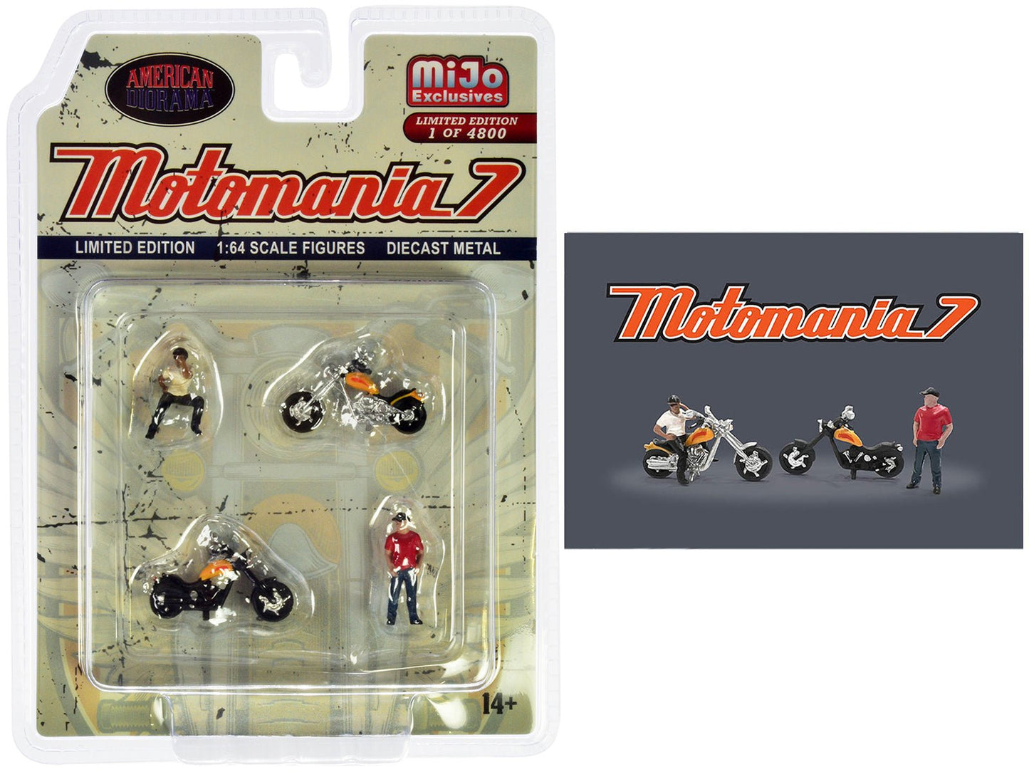"Motomania 7" 4 piece Diecast Figure Set (2 Figures 2 Motorcycles) Limited Edition to 4800 pieces Worldwide for 1/64 scale models by American Diorama  free shipping USA