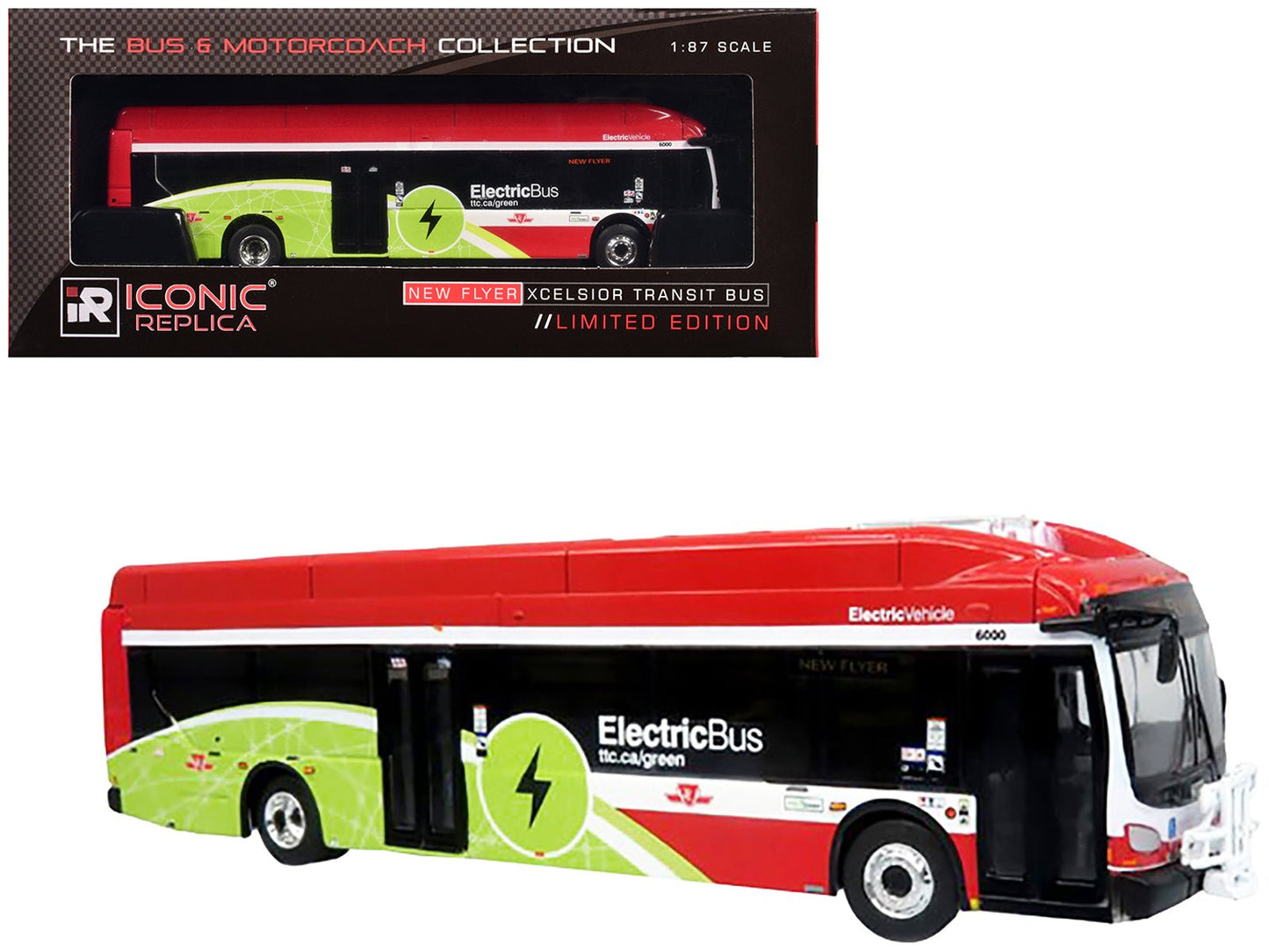 New Flyer Xcelsior Charge NG Electric Transit Bus "TTC (Toronto Transit Commission)" Red and Green with White Stripes "The Bus & Motorcoach Collection" 1/87 (HO) Diecast Model by Iconic Replicas  free shipping USA