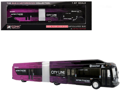 New Flyer Xcelsior XE60 Articulated Transit Bus "Spokane Transit City Line" Black and Purple "The Bus & Motorcoach Collection" Limited Edition 1/87 (HO) Diecast Model by Iconic Replicas  free shipping USA