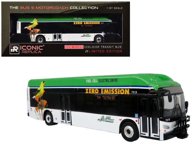 New Flyer Xcelsior XHE40 Transit Bus "AC Transit - Zero Emission" White and Green with Graphics "The Bus & Motorcoach Collection" Limited Edition 1/87 (HO) Diecast Model by Iconic Replicas  free shipping USA
