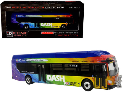New Flyer Xcelsior XN40 Transit Bus "DASH Pride Livery" Blue with Rainbow Graphics "The Bus & Motorcoach Collection" Limited Edition 1/87 (HO) Diecast Model by Iconic Replicas  free shipping USA