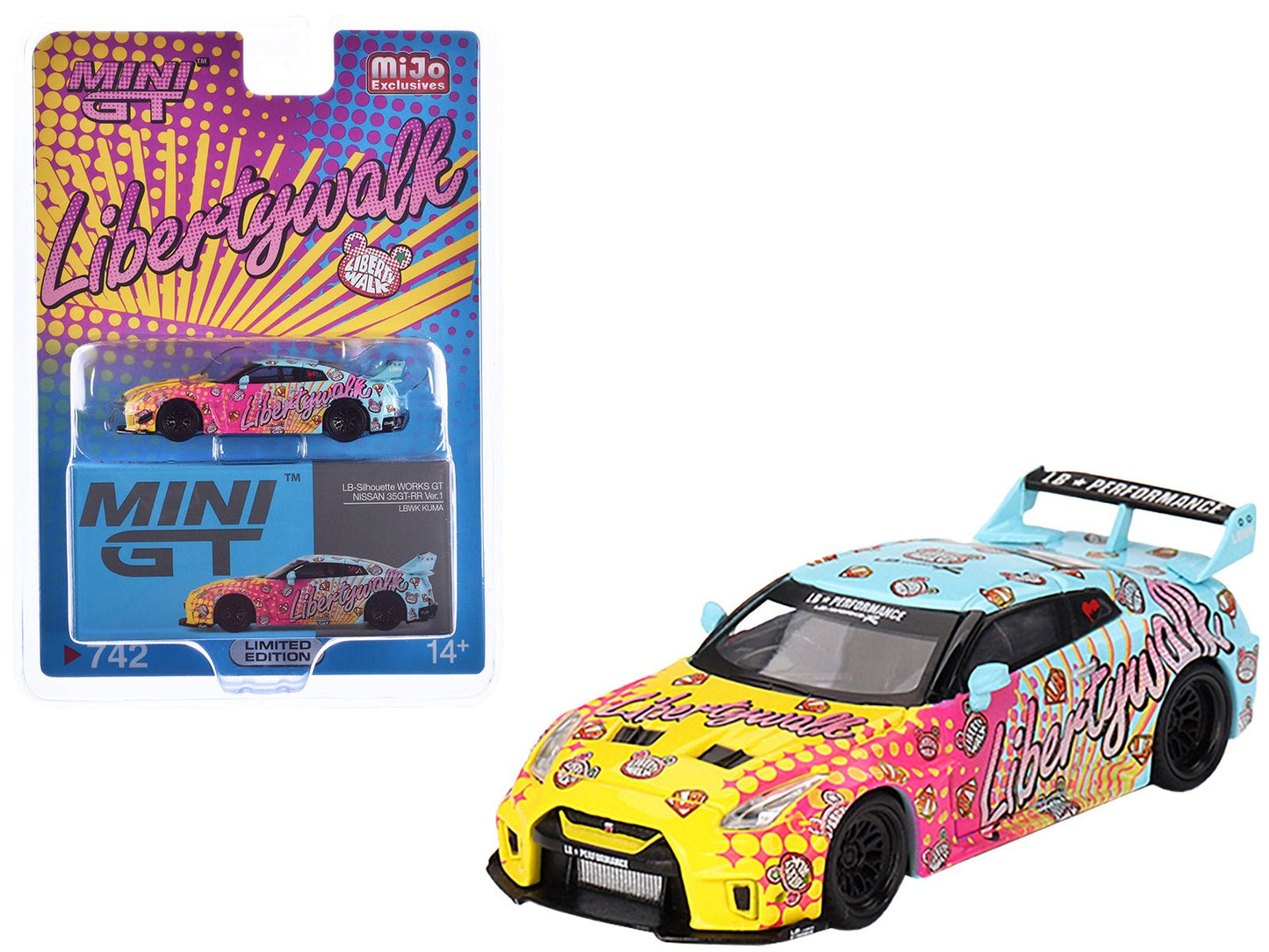 Nissan 35GT-RR Ver.1 "LB-Silhouette Works GT" Light Blue and Yellow with Graphics "LBWK KUMA" Limited Edition 1/64 Diecast Model Car by Mini GT  free shipping USA