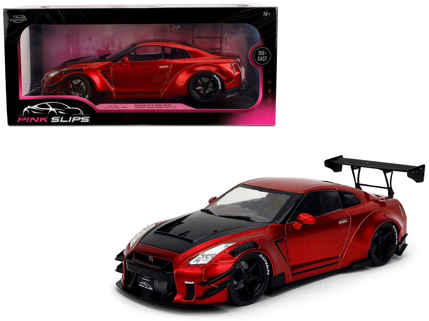 Nissan GT-R (R35) Liberty Walk Body Kit 2.0 RHD (Right Hand Drive) Red Metallic with Carbon Hood "Pink Slips" Series 1/18 Diecast Model Car by Jada  free shipping USA
