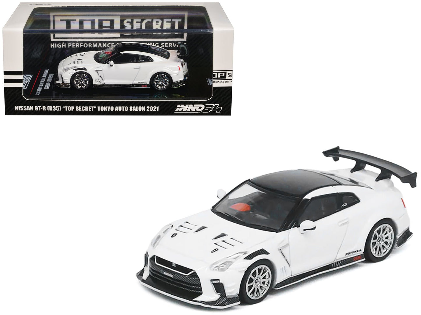 Nissan GT-R (R35) "Top Secret" RHD (Right Hand Drive) White with Black Top "Tokyo Auto Salon 2021" 1/64 Diecast Model Car by Inno Models  free shipping USA