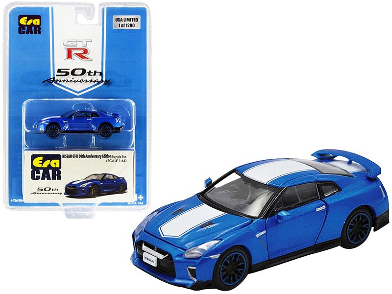 Nissan GT-R RHD (Right Hand Drive) Bayside Blue with White Stripe "50th Anniversary Edition" Limited Edition to 1200 pieces 1/64 Diecast Model Car by Era Car  free shipping USA