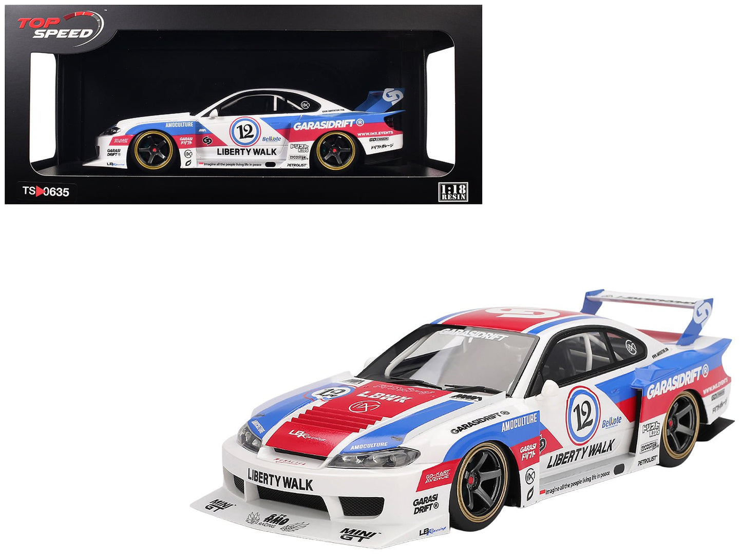 Nissan "LB-Super Silhouette" S15 SILVIA RHD (Right Hand Drive) #12 "GARASIDRIFT" White with Red and Blue Graphics 1/18 Model Car by Top Speed  free shipping USA