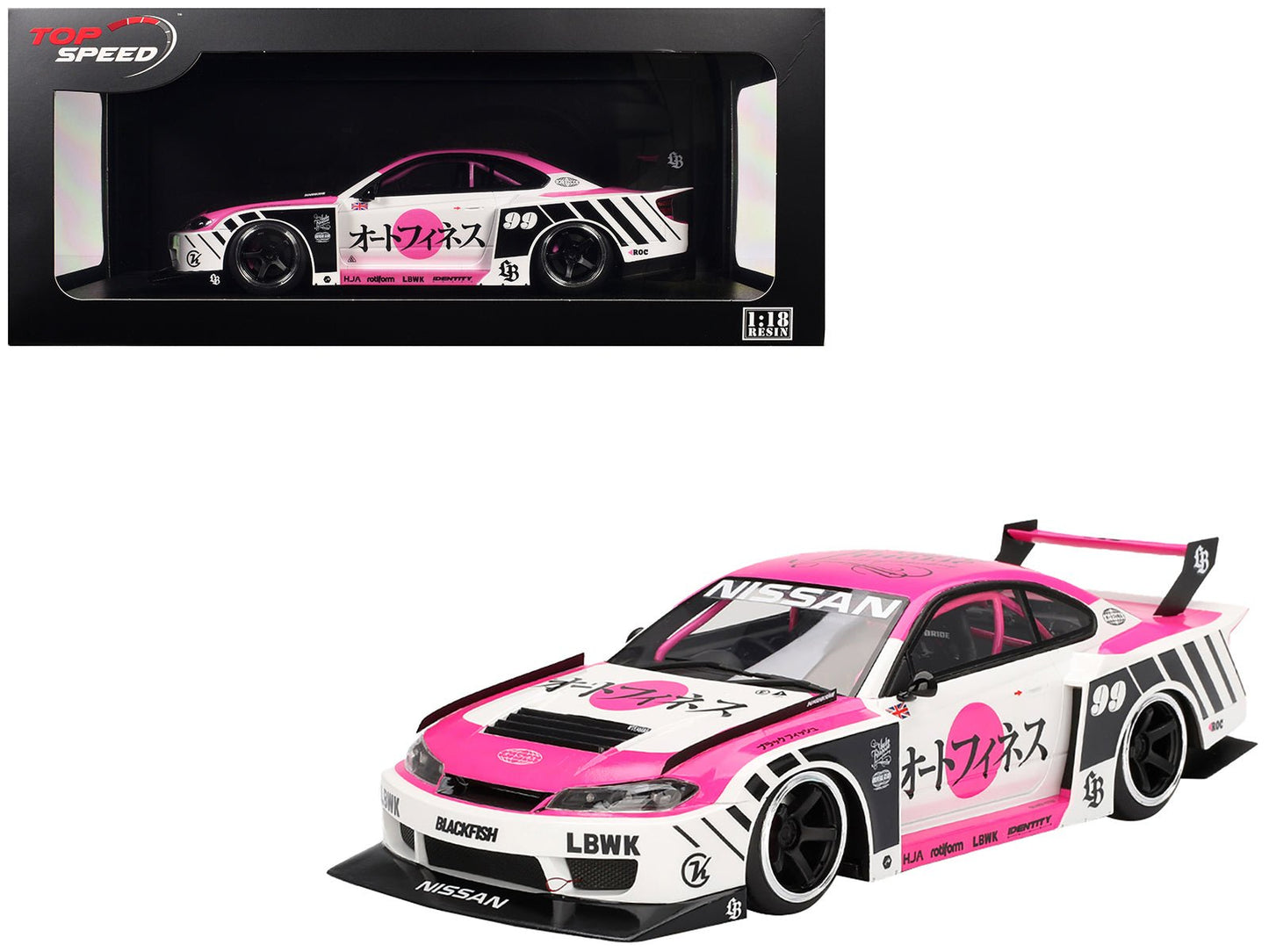 Nissan "LB-Super Silhouette" S15 SILVIA RHD (Right Hand Drive) #99 "Auto Finesse - SEMA 2023" White and Pink 1/18 Model Car by Top Speed  free shipping USA