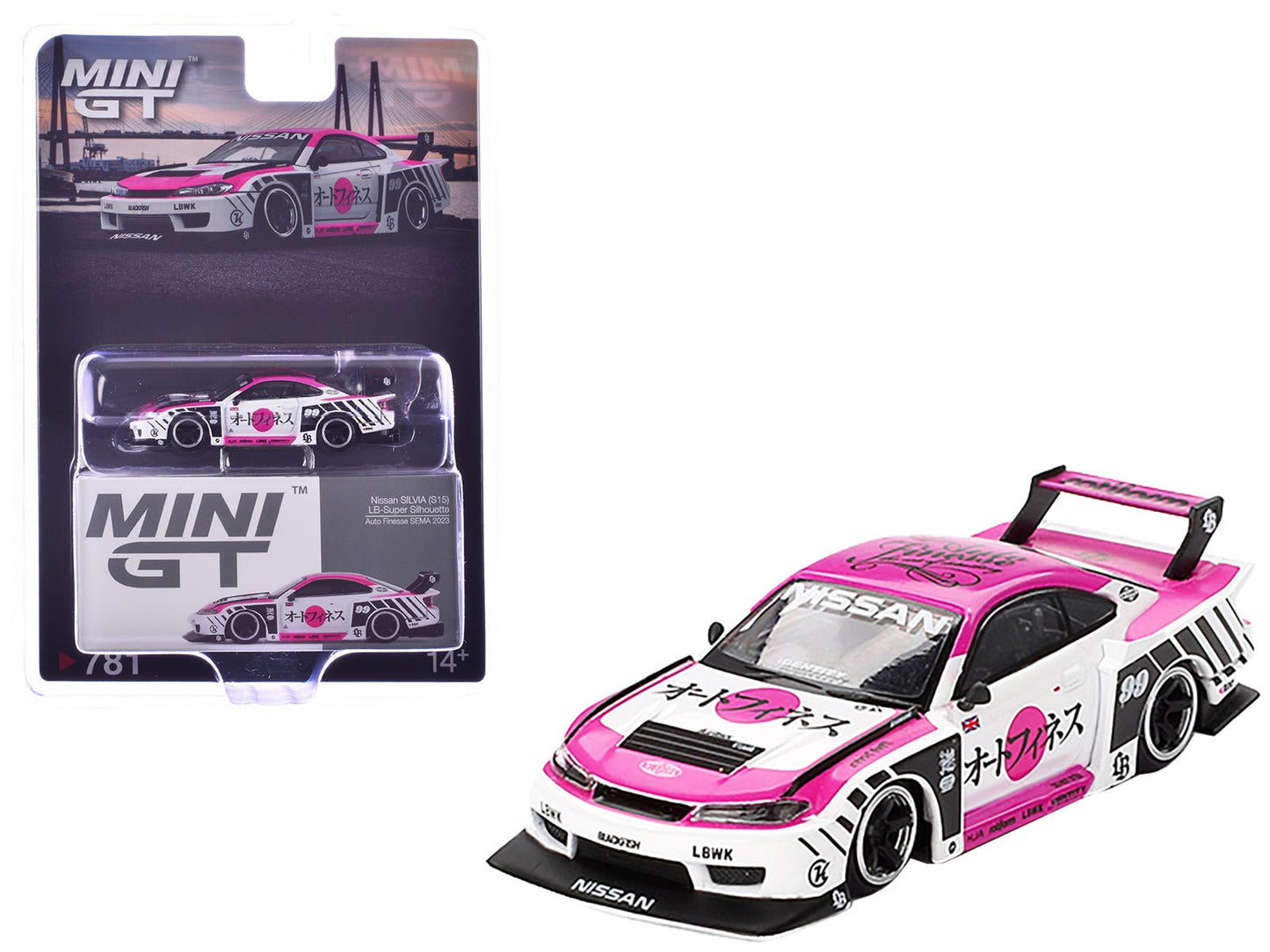 Nissan "LB-Super Silhouette" S15 SILVIA RHD (Right Hand Drive) #99 "Auto Finesse - SEMA 2023" White and Pink Limited Edition 1/64 Diecast Model Car by Mini GT  free shipping USA
